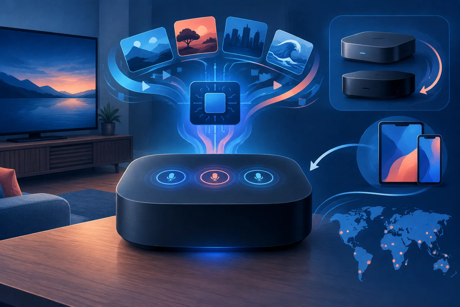 Conceptual streaming box cutaway with microphones, processor and video symbols.