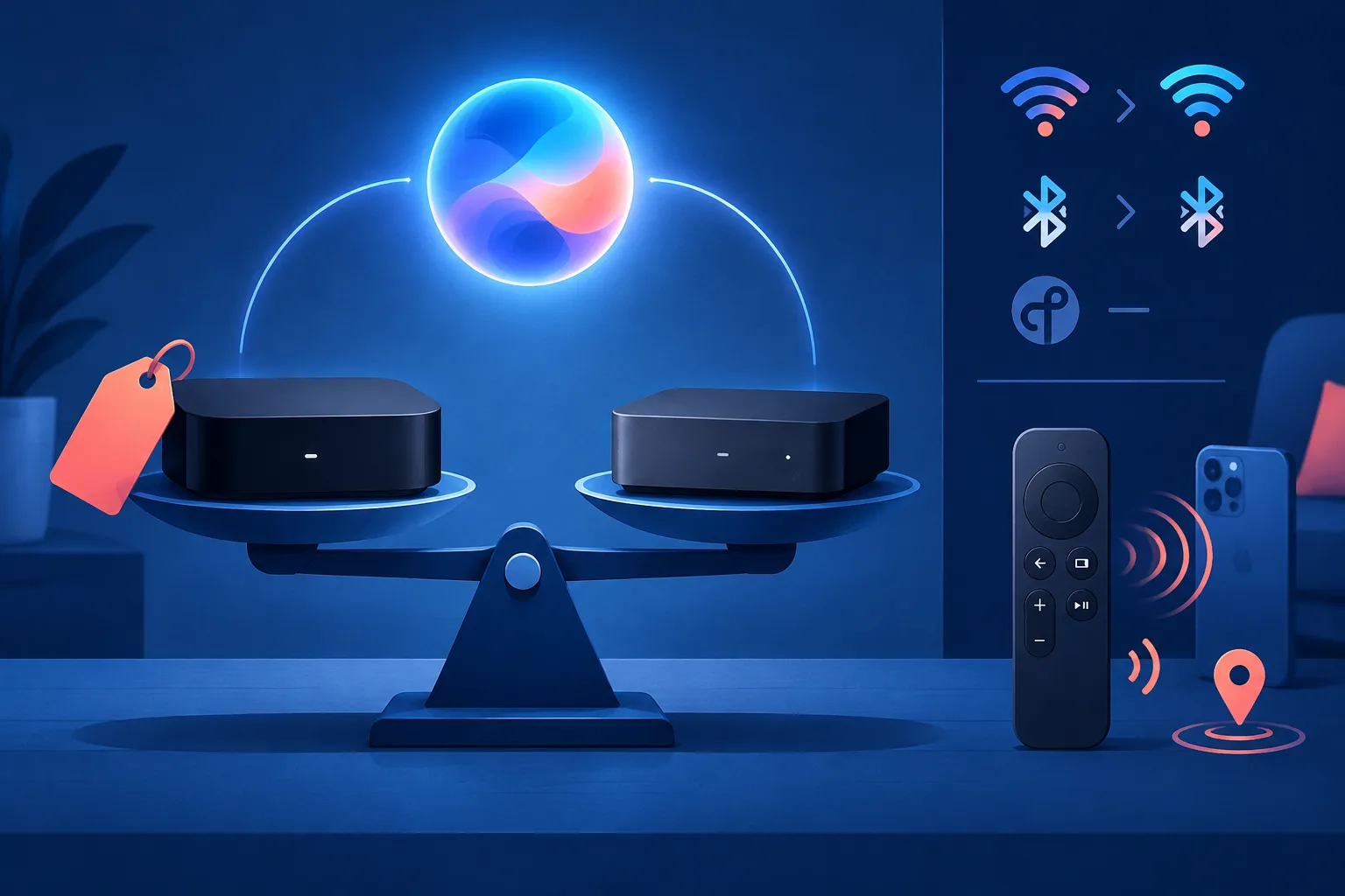 Two streaming boxes balanced beneath a shared AI light and an abstract price tag.