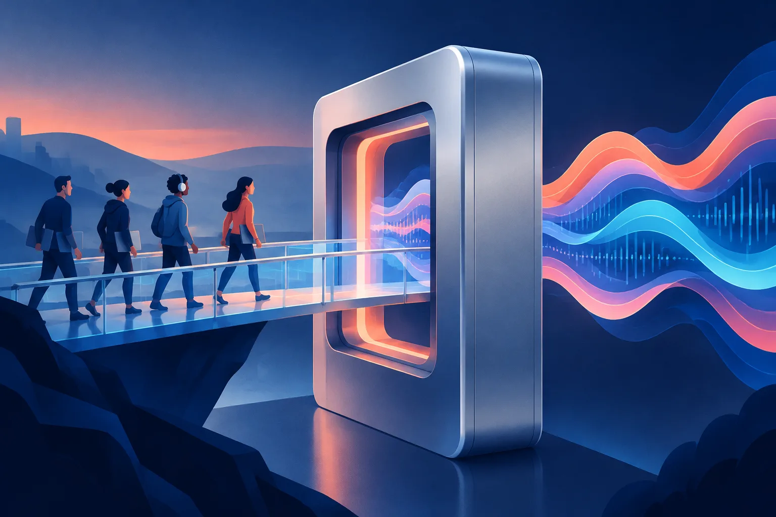 Abstract audio engineers and sound waves move across a licensing bridge into a technology gateway.