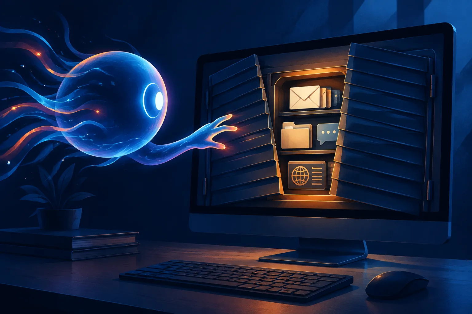Protective shutters close as an AI agent reaches toward private data on a desktop computer.