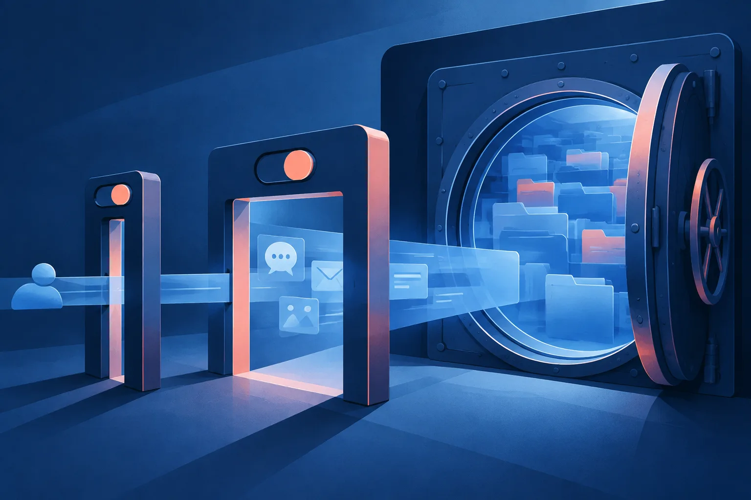 Two permission gates lead into a broad vault containing messages, files, and browsing data.