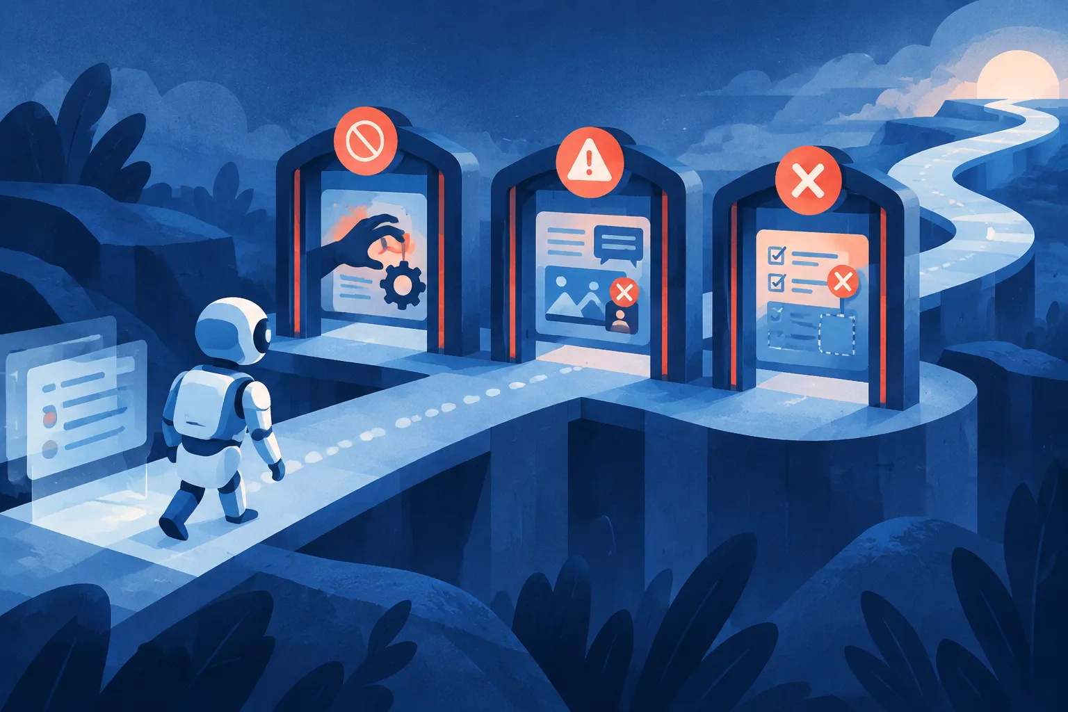 Three safety gates interrupt an abstract AI task path.