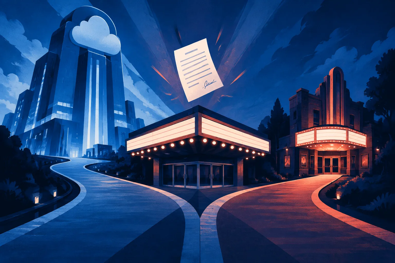 A film distribution path splits between a giant technology-backed studio and an independent theater.