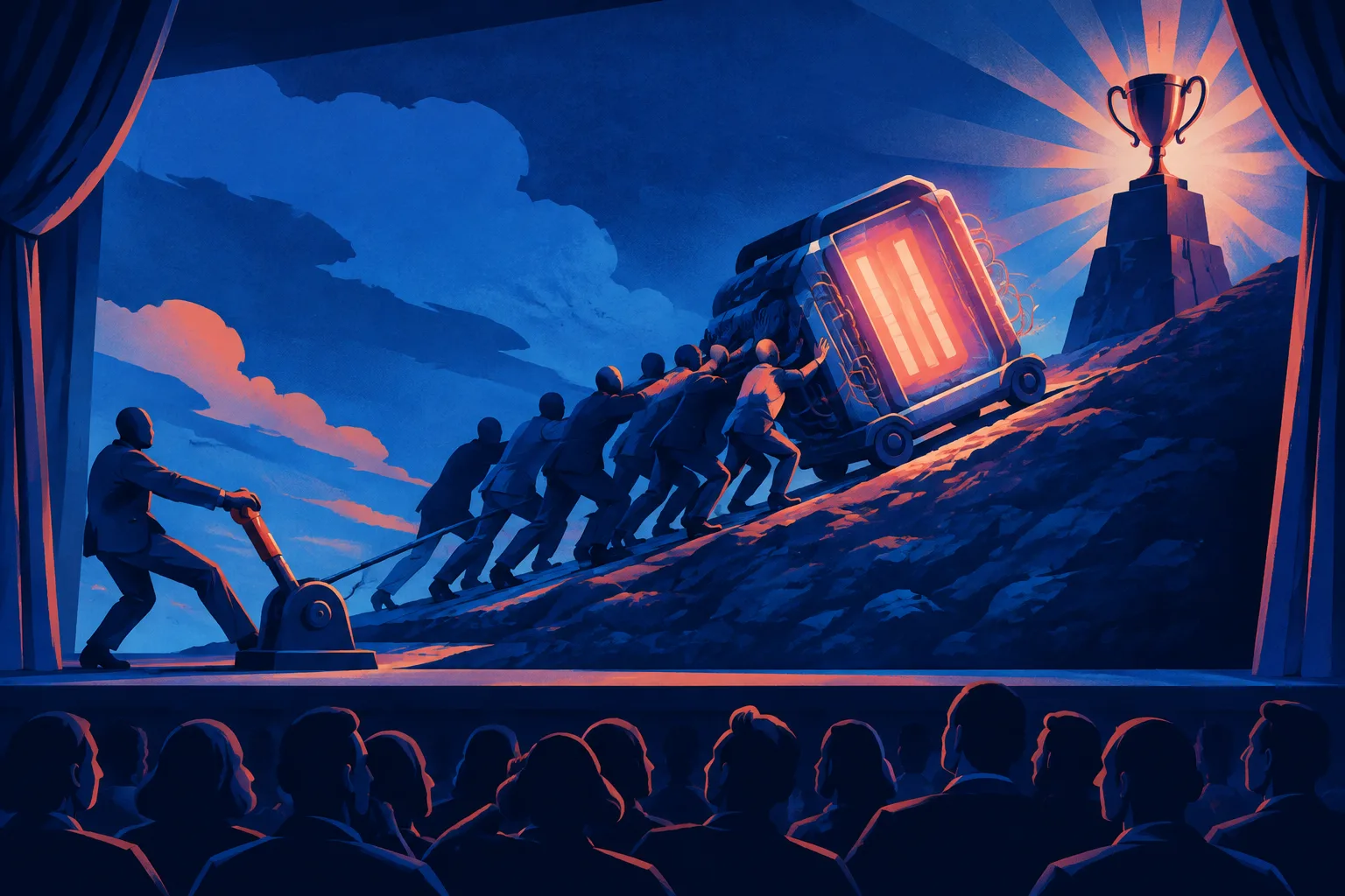 An anonymous researcher pulls a brake as investors push a glowing machine toward a trophy.