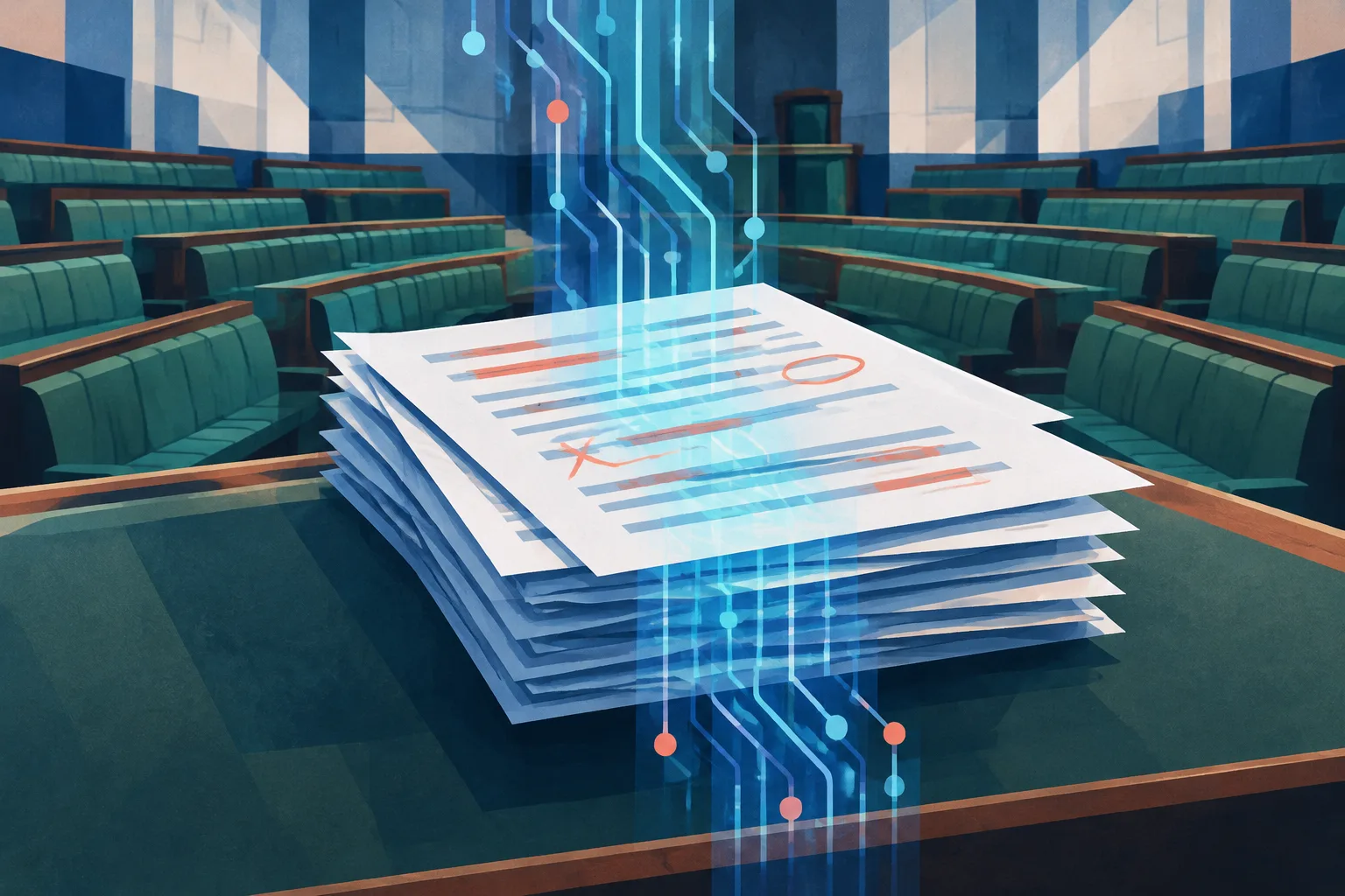 Abstract Australian parliamentary chamber with AI circuitry crossing edited policy papers.