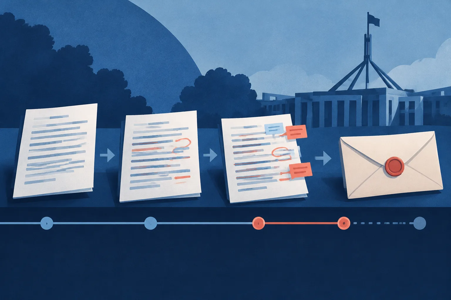Policy document timeline with late edits appearing before delivery.