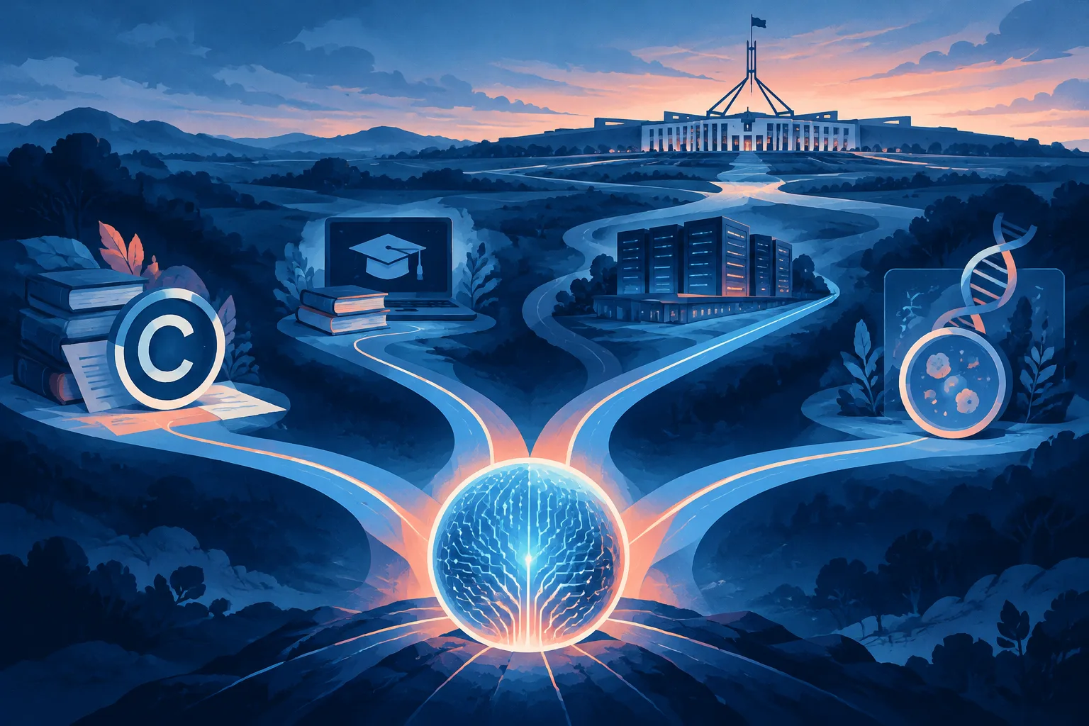 Four AI policy paths branching toward an abstract parliament building.