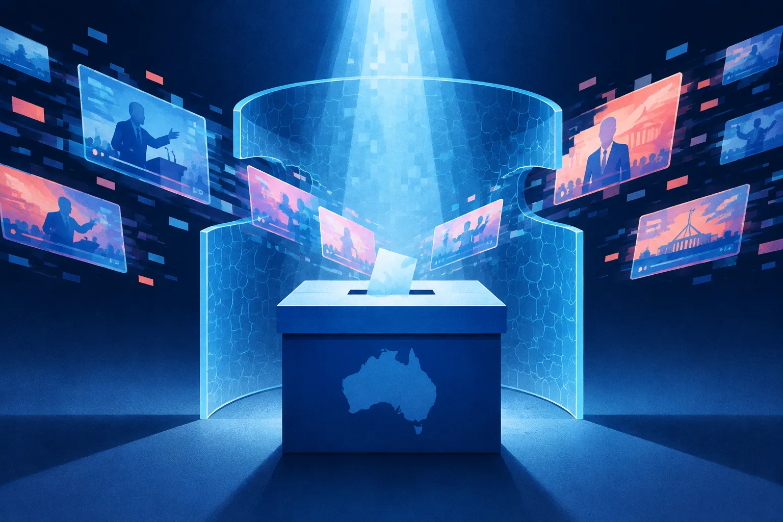 Illustration of synthetic campaign imagery passing through gaps in a shield around an Australian ballot box.