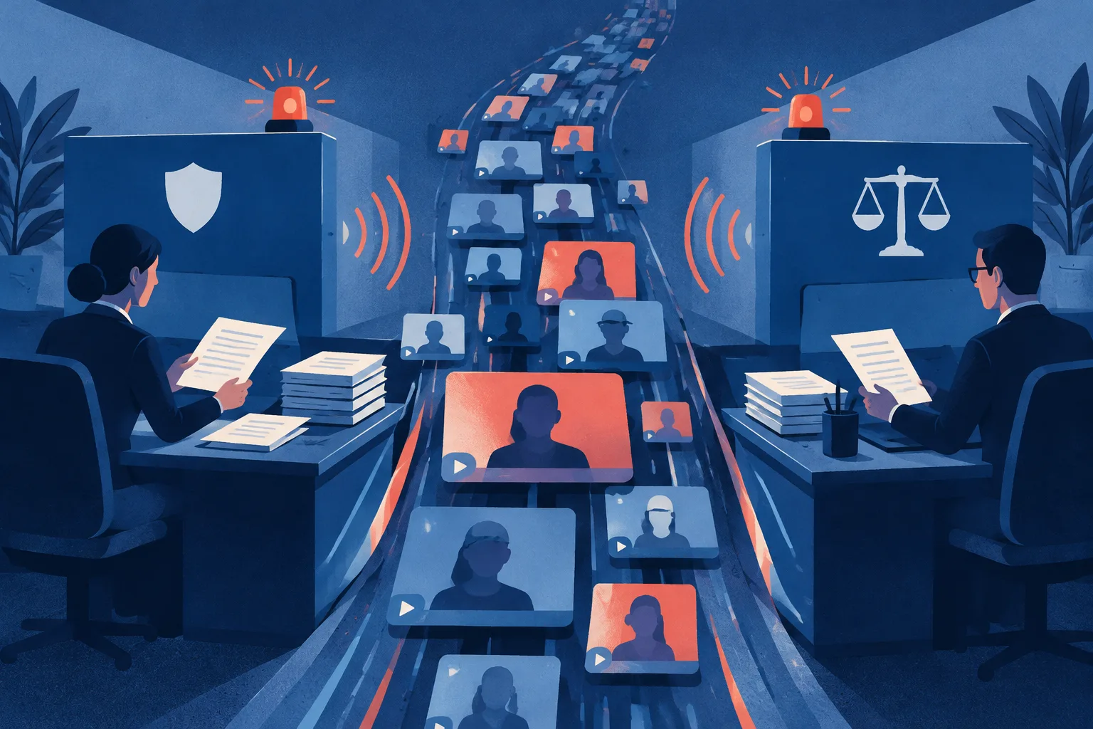 Two oversight desks watch anonymous online video tiles pass through a gap between their jurisdictions.