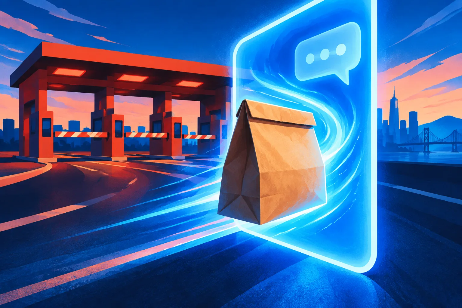 A takeout bag passes through an AI portal beyond a delivery-app tollbooth.