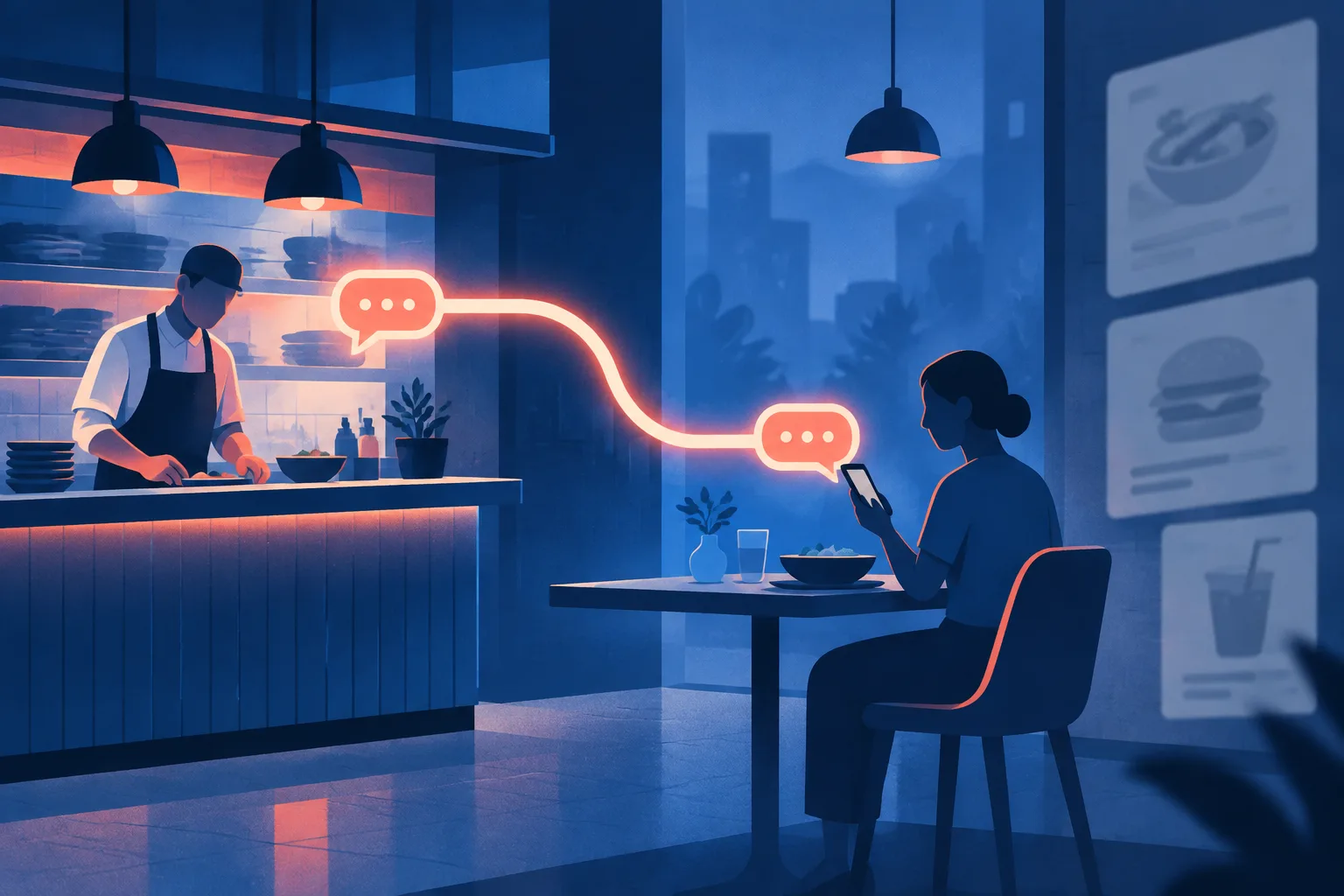 A glowing chat pathway directly connects a restaurant counter with a diner.