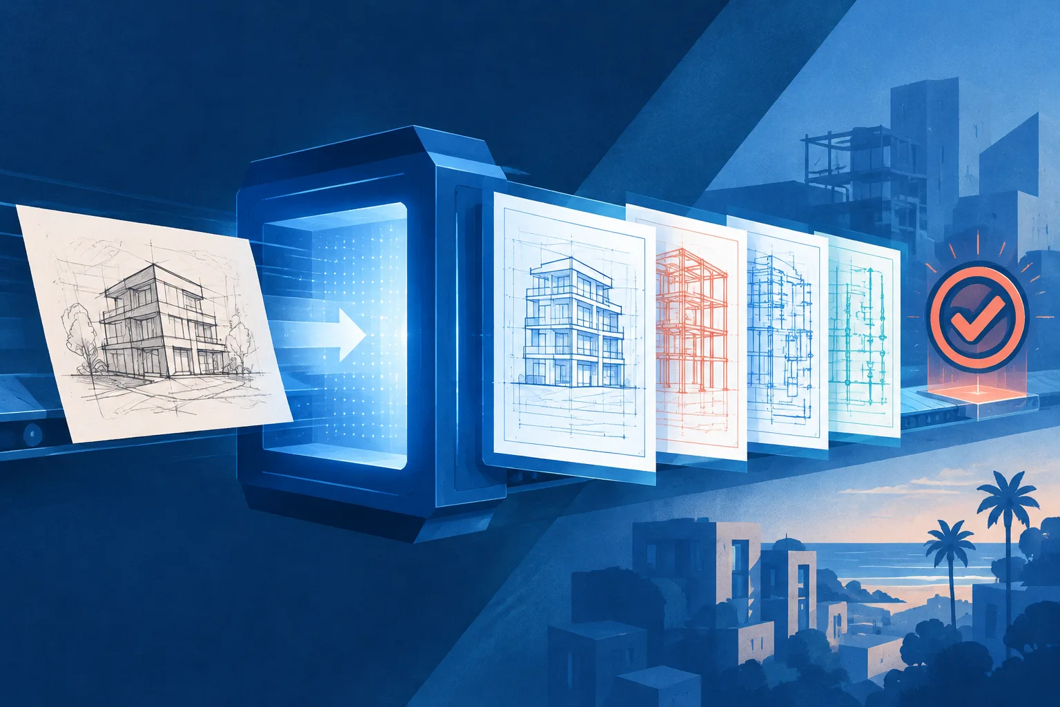 A building sketch becoming coordinated construction plans through an AI drafting system.
