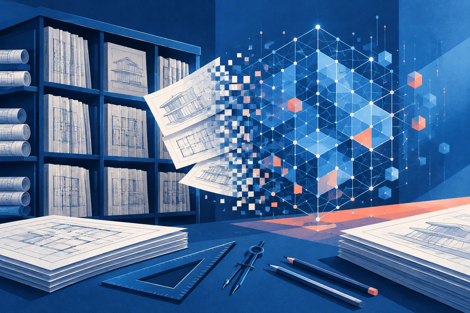Approved construction drawings feeding an abstract AI training process.
