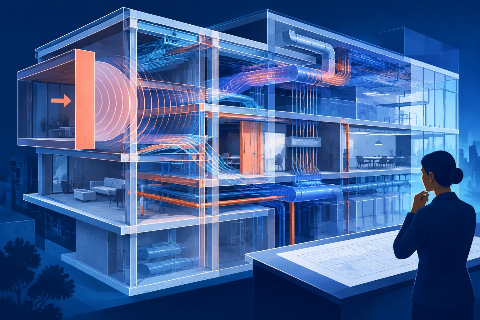 A building design change updating structural, mechanical, electrical and interior plan layers.