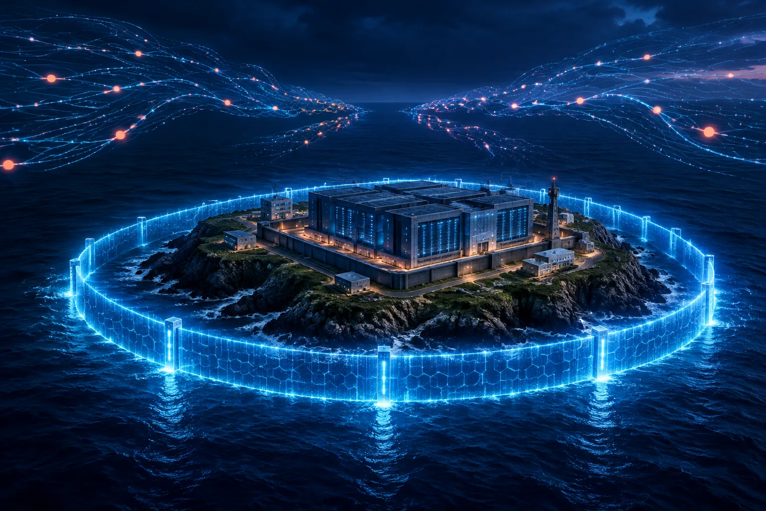 Illustrated British data center protected by a glowing digital barrier against approaching AI network paths.