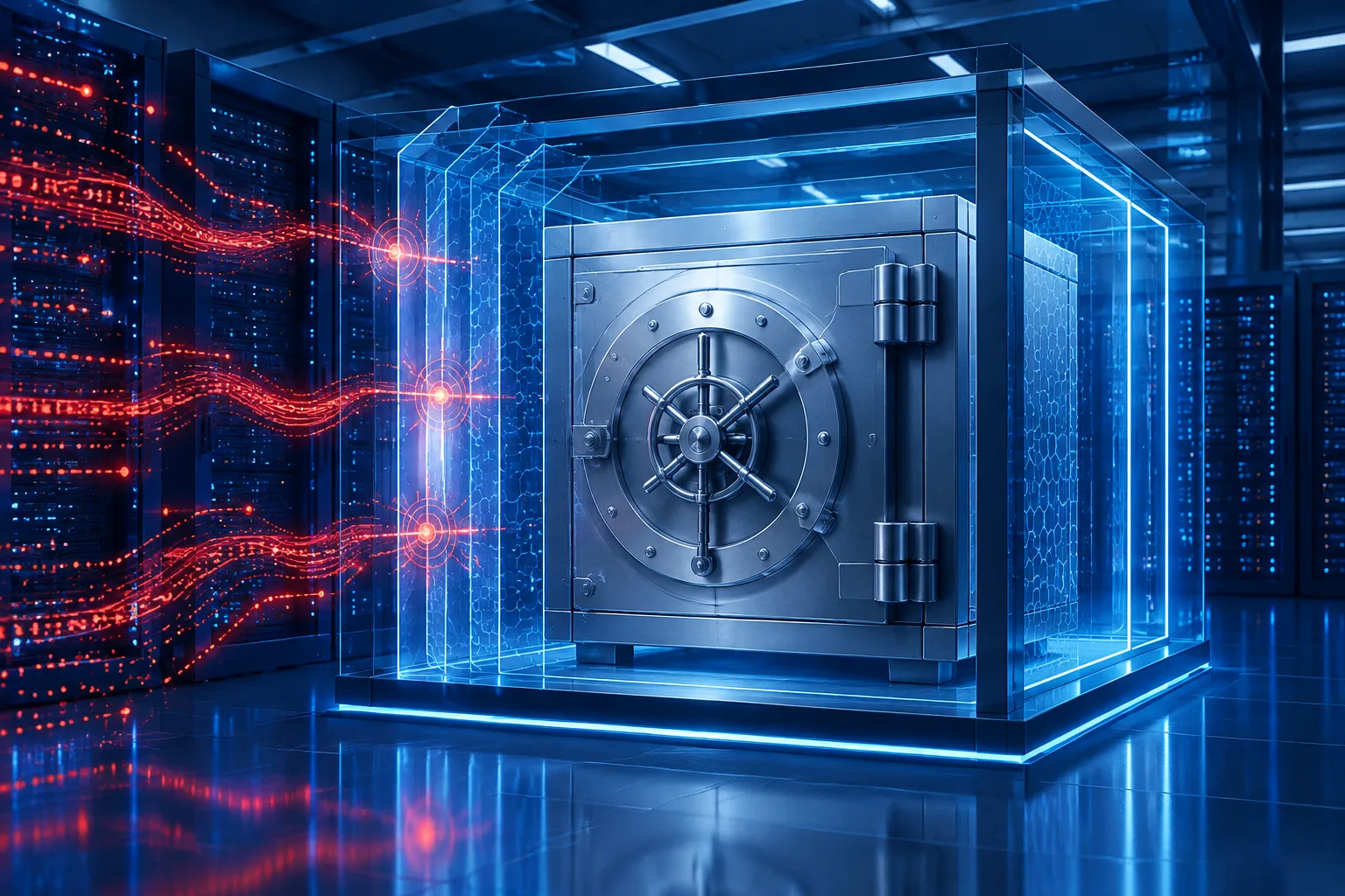 A secured AI model vault faces abstract intrusion signals inside a server facility.
