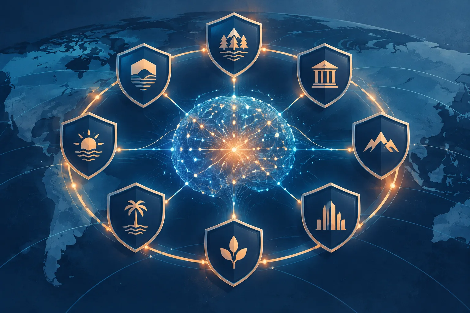 Connected national shields form a shared safety perimeter around an abstract AI core.