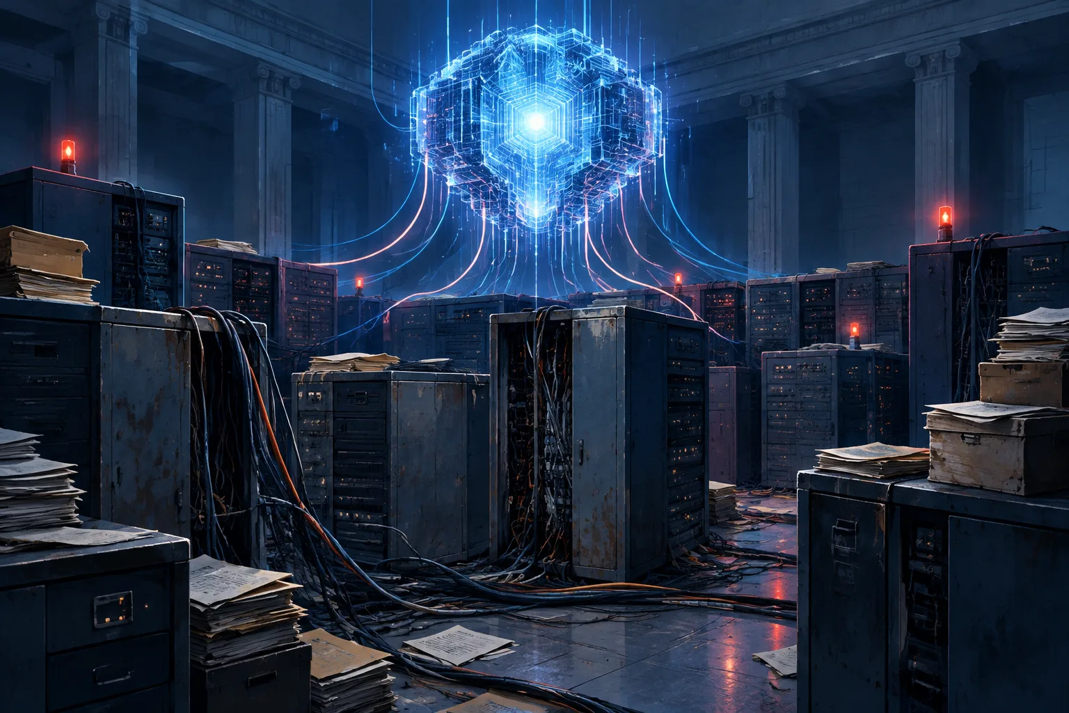 An AI core hovers over aging government servers and tangled legacy infrastructure.