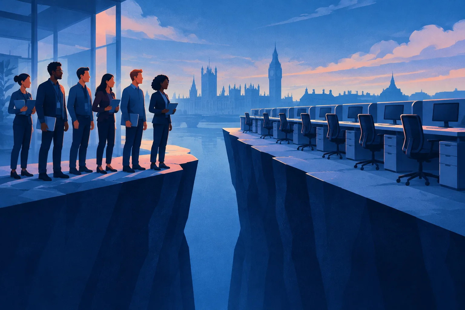 A conceptual staffing gap separates digital specialists from empty government workstations.