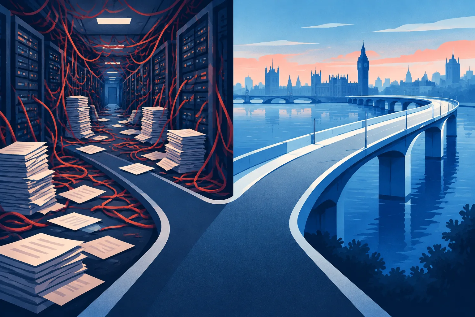 Contrasting paths show a troubled legacy overhaul and a completed modern payment system.