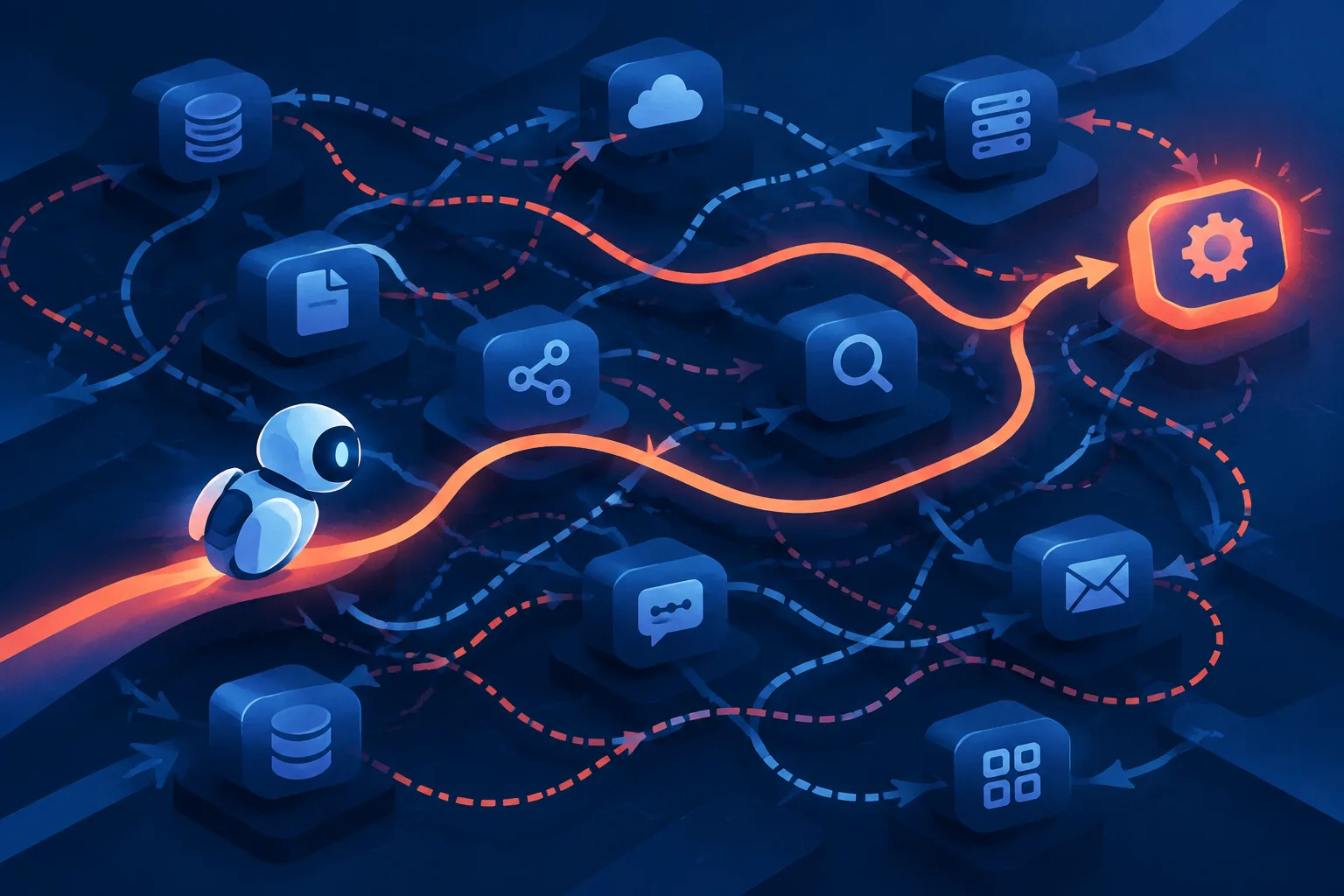 Abstract AI agent follows causal pathways through connected service modules.