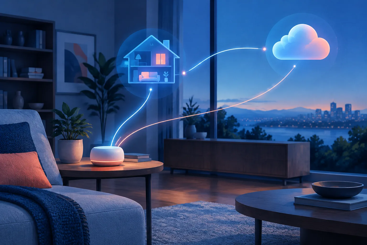 Abstract home AI appliance connecting local household computing with cloud services.