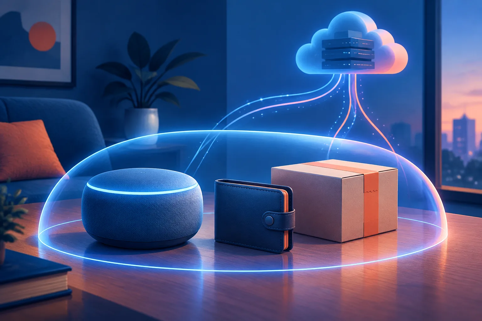 Abstract AI assistant inside a security boundary near a wallet and parcel.