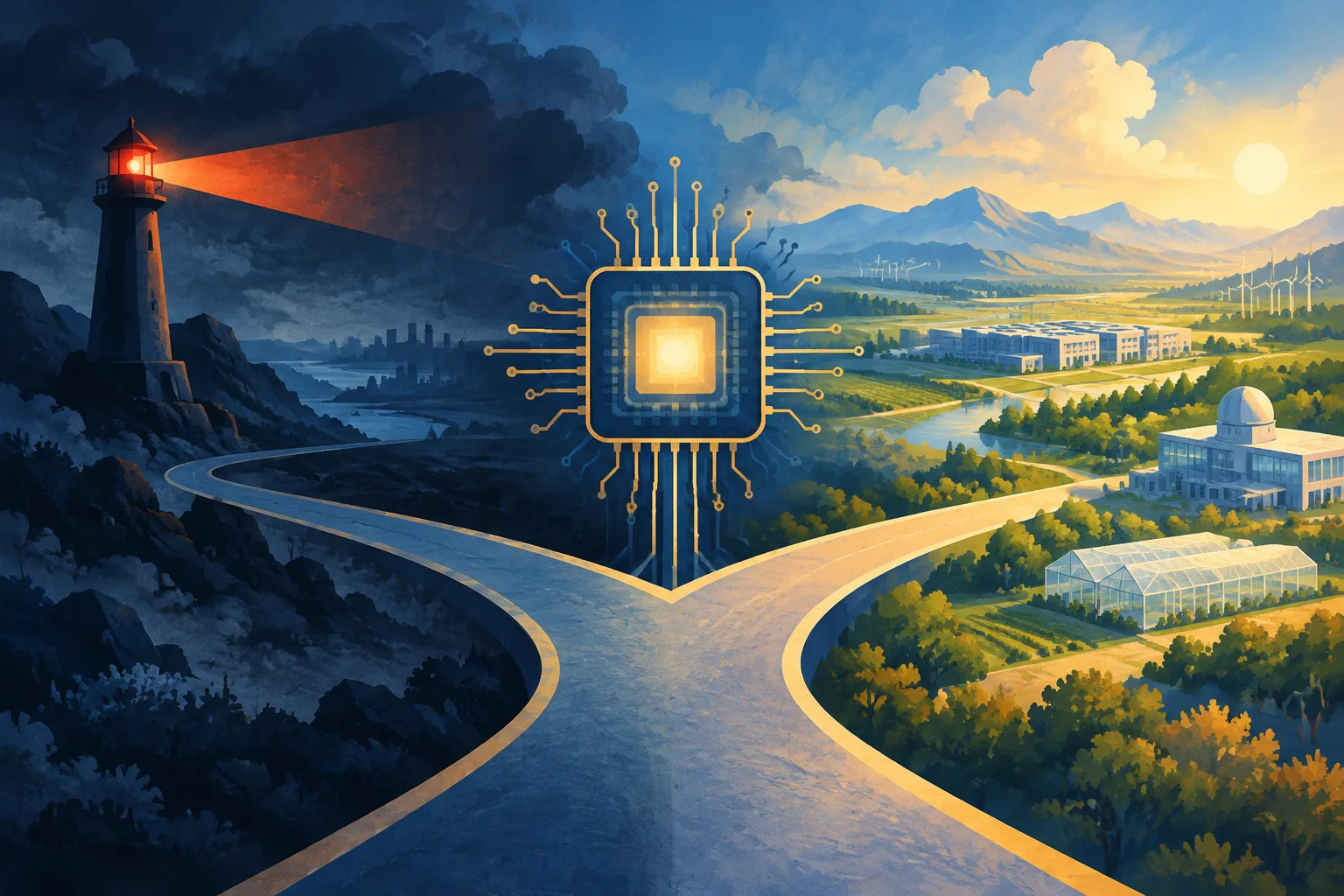 Abstract AI processor balancing a caution signal against potential technological benefits.
