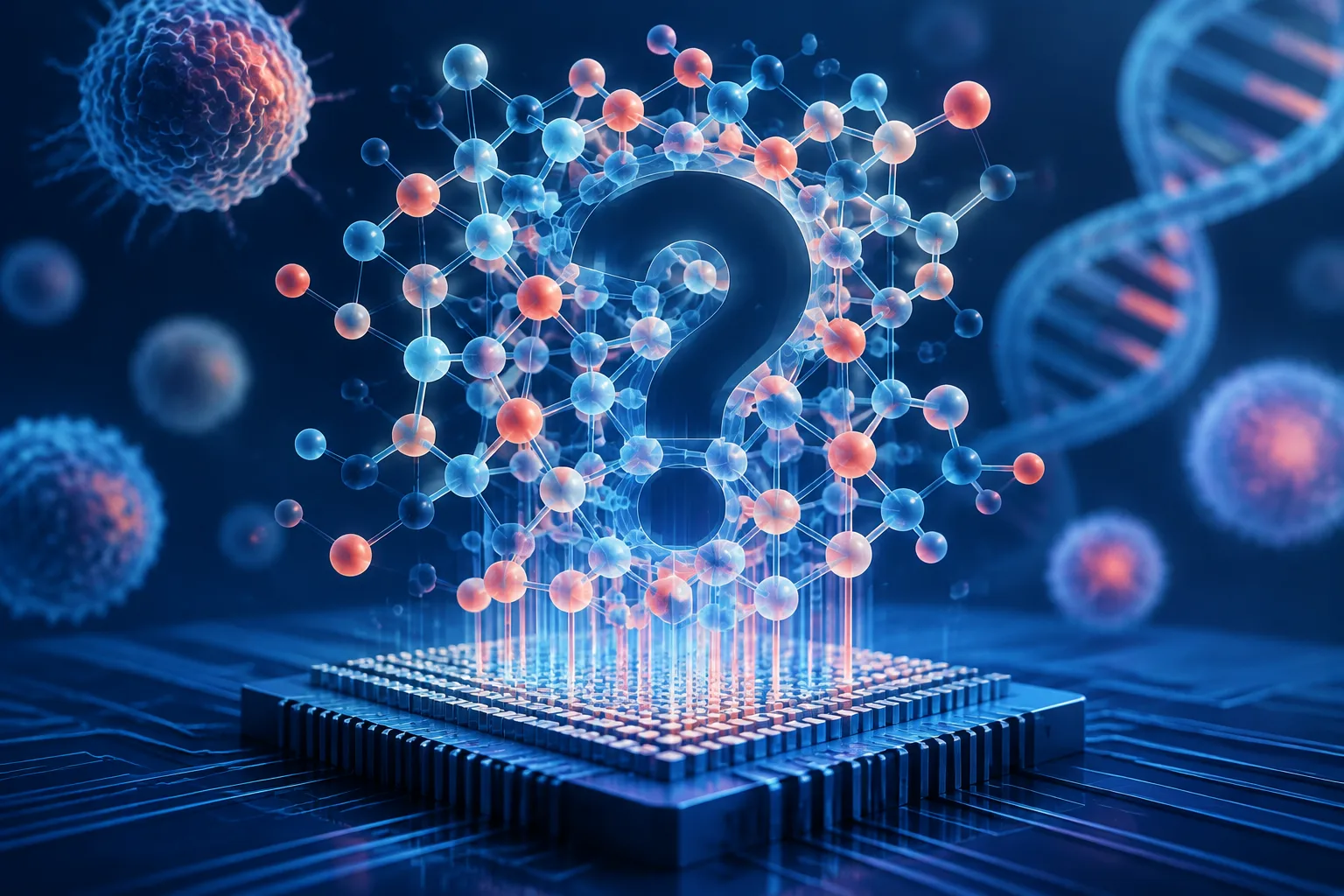 Abstract medical research lattice emerging from AI hardware with an unresolved gap.
