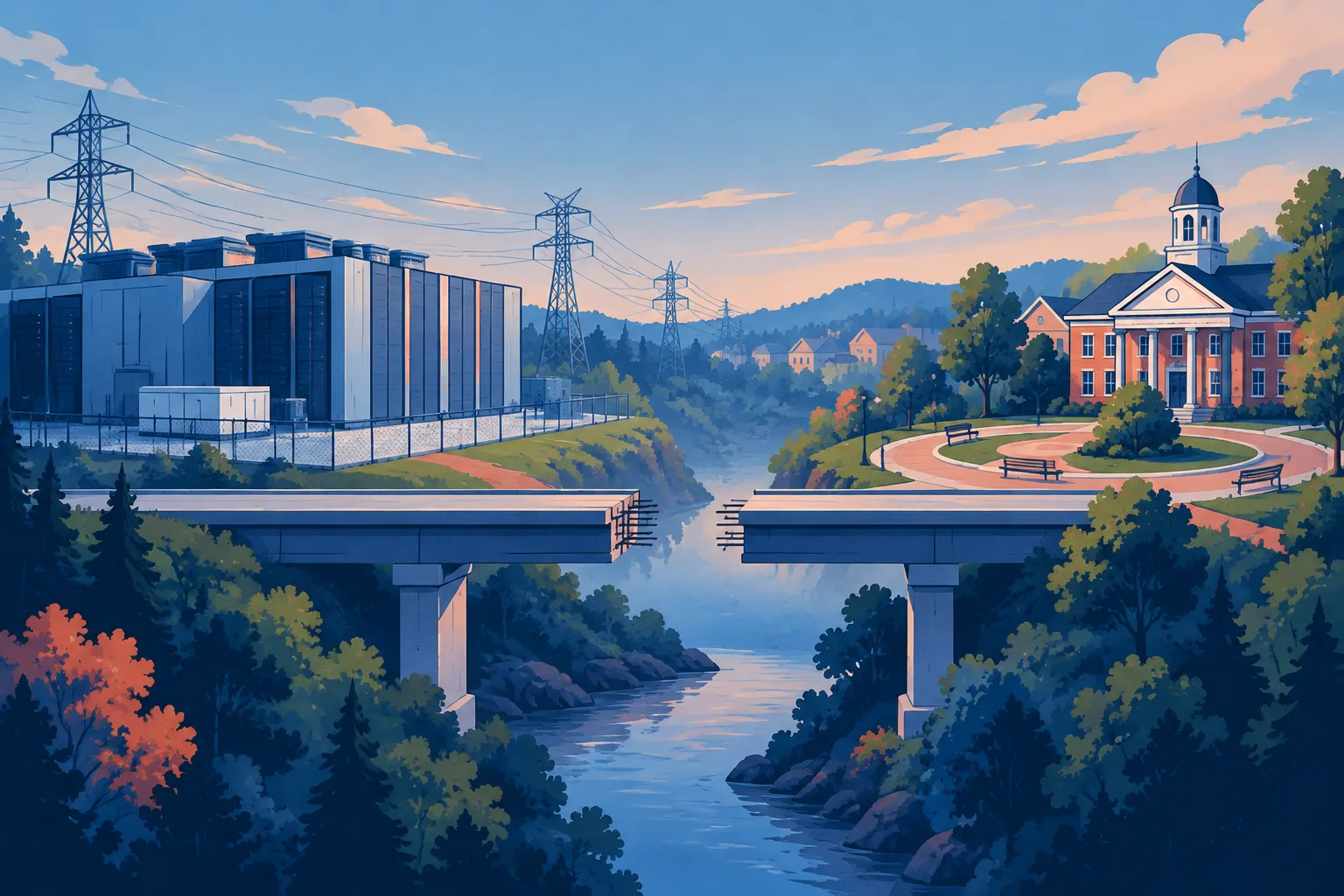 Generic data center and community space linked by an unfinished bridge.