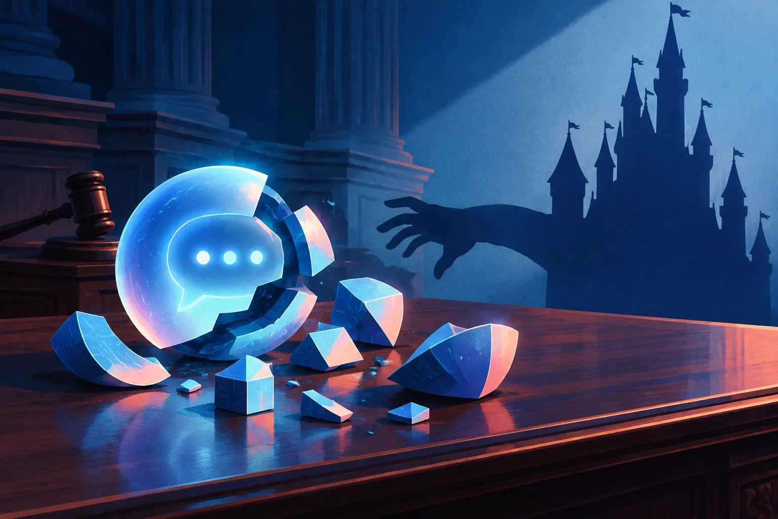 A chatbot-like light orb fragments on an auction table beneath a castle-shaped shadow.