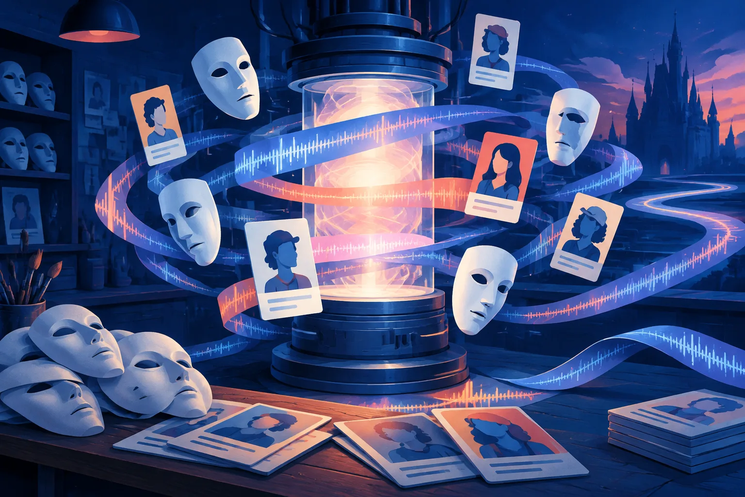 Blank masks and voice-wave ribbons orbit a luminous character-building machine.