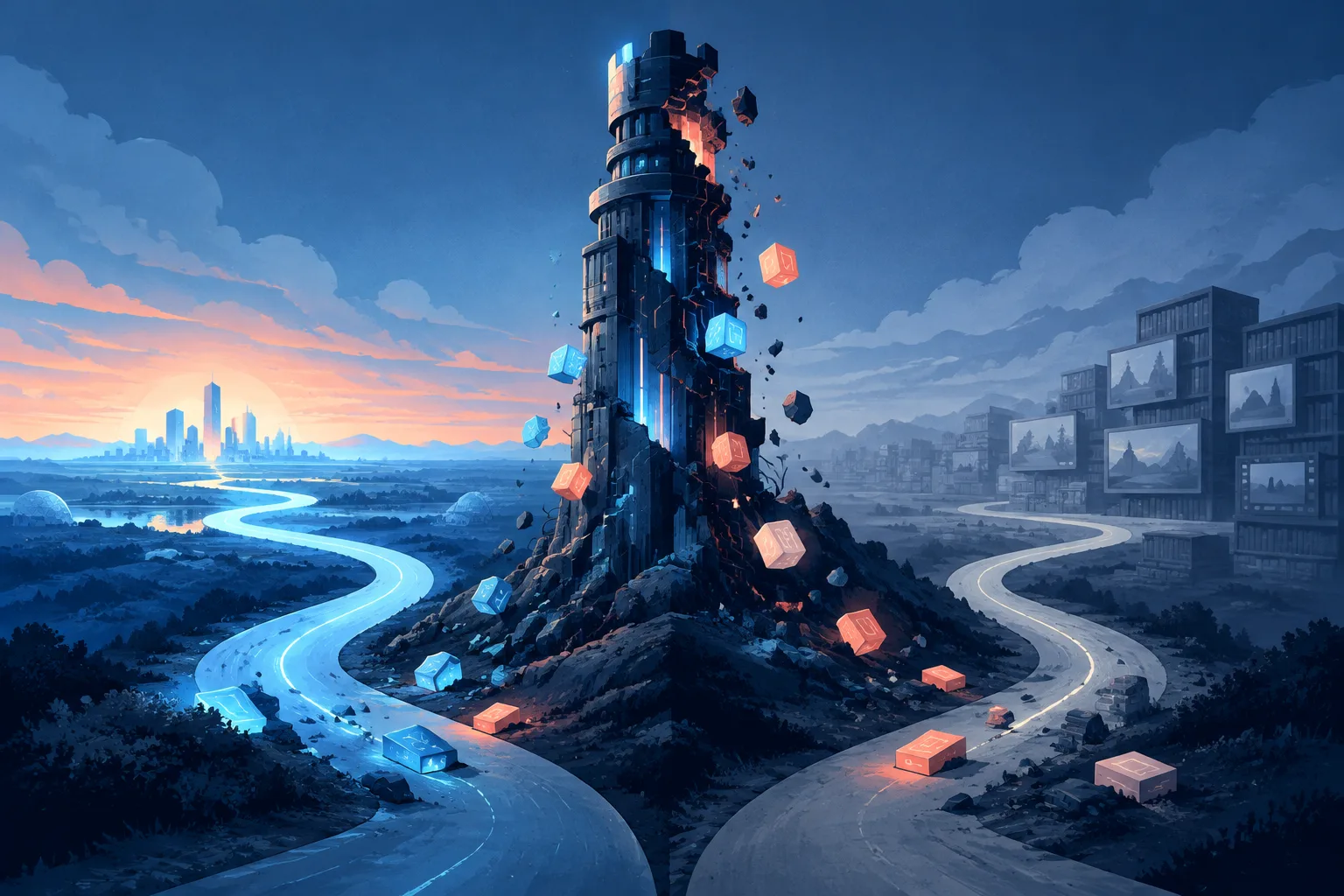 Glowing technical components leave an AI tower along two diverging paths.