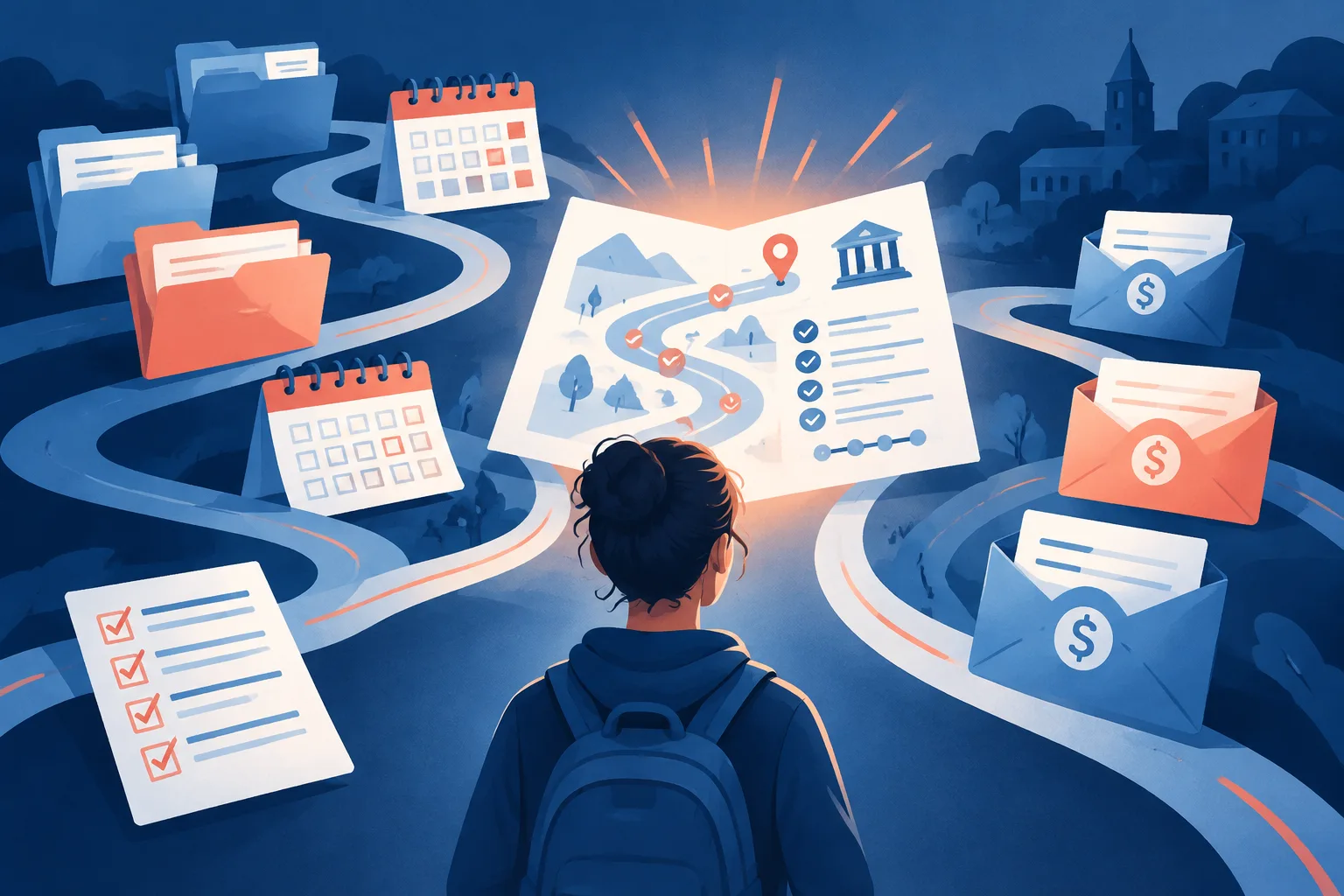 Application folders, deadlines, and financial-aid steps converge into one planning map.