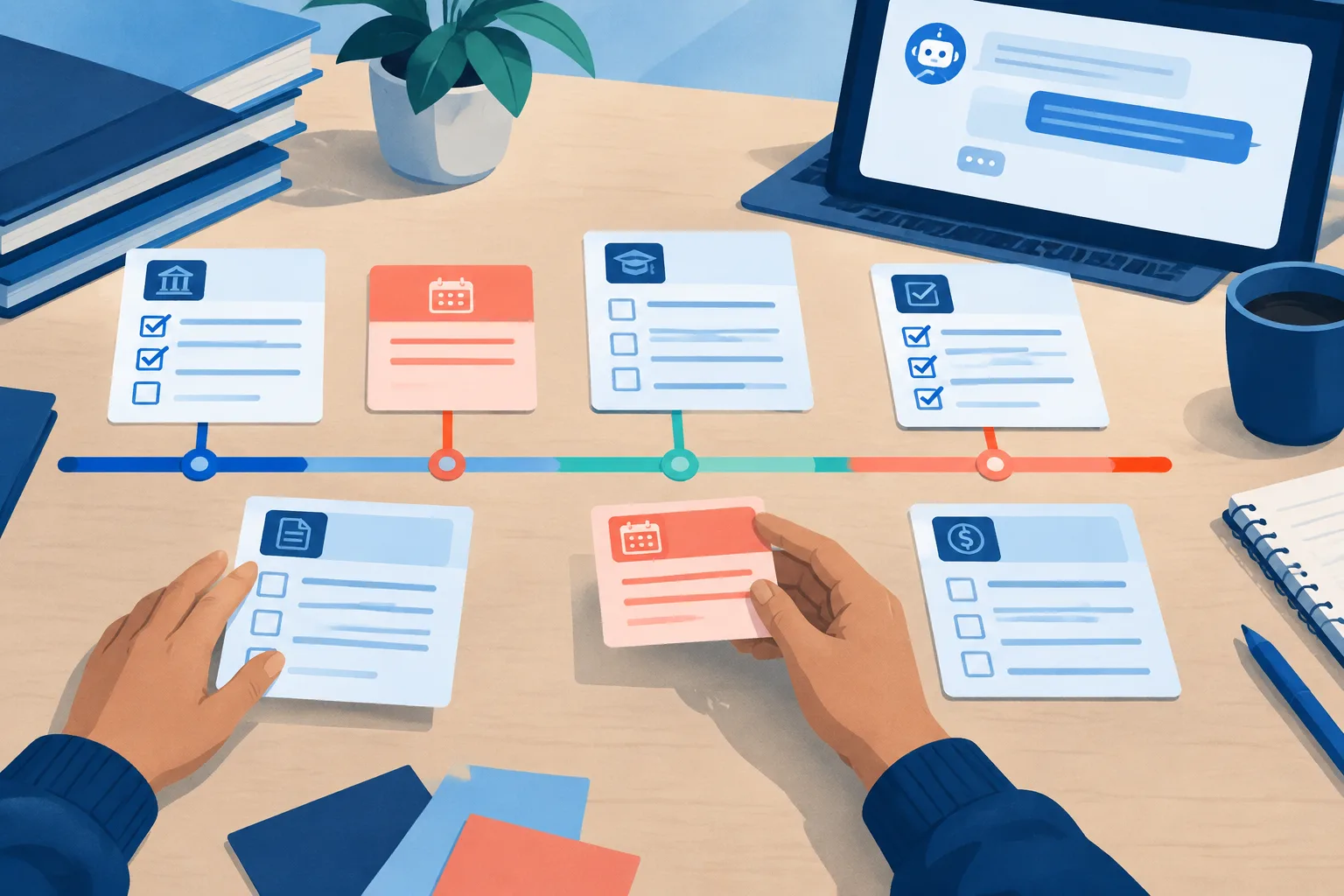 Anonymous hands organize college checklists and aid forms along one timeline.