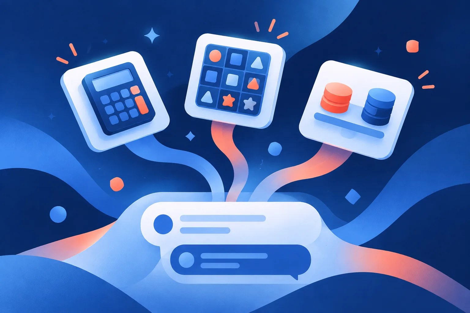 Abstract calculator, game, and expense tools emerge from a conversation stream.
