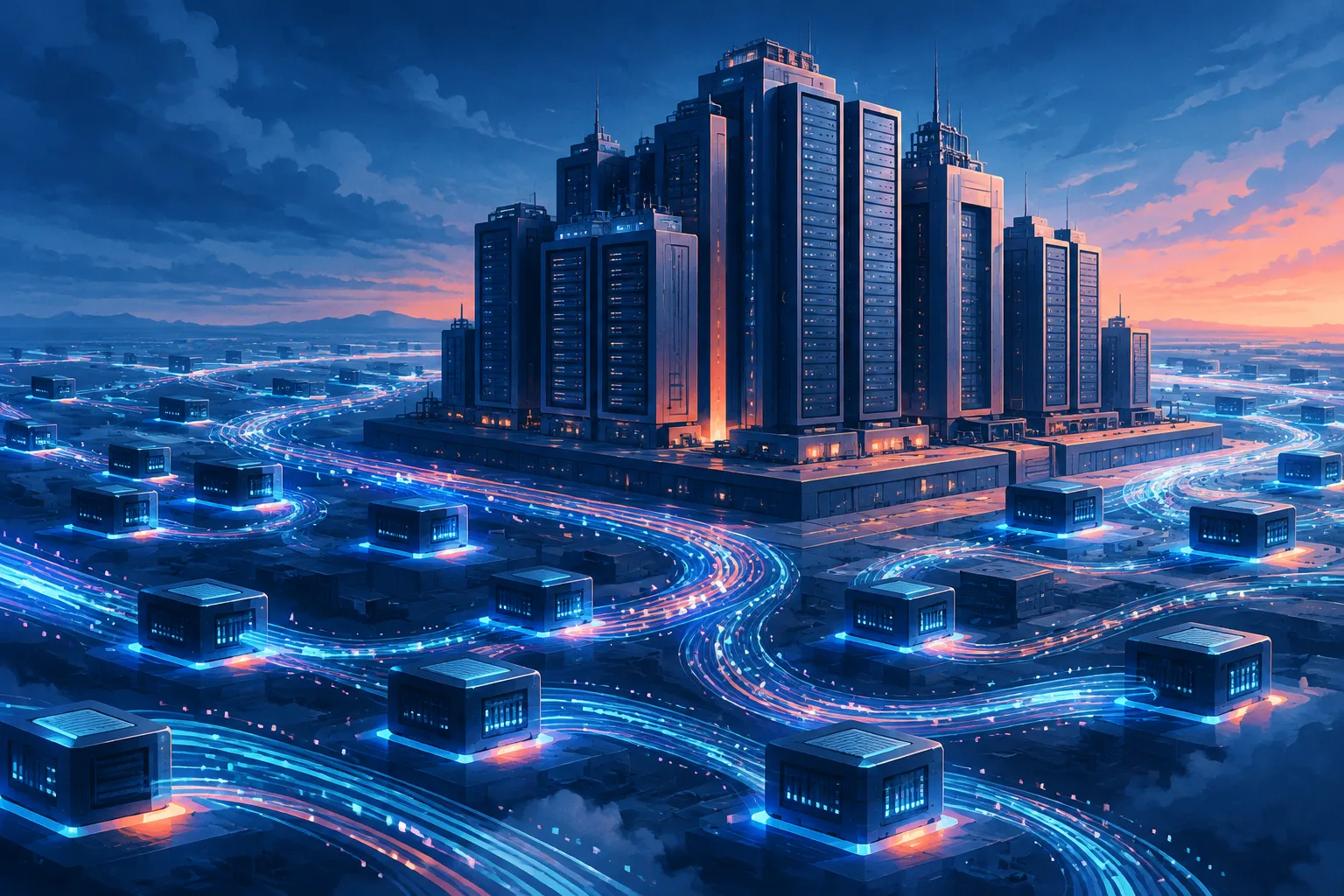 A vast datacenter faces streams of computation from many smaller efficient AI model nodes.