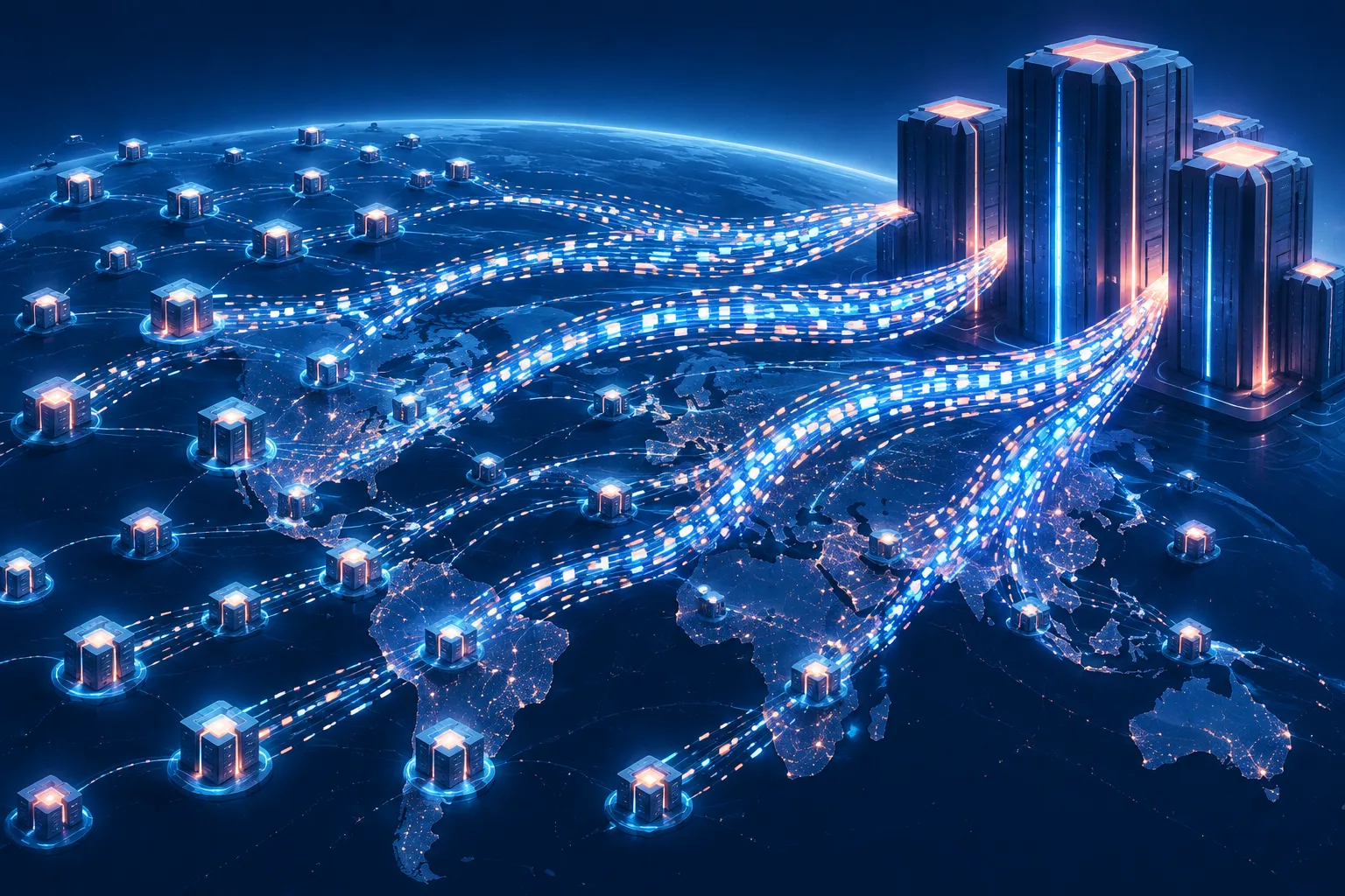 Compact AI model nodes send dense token streams toward a few large provider towers.