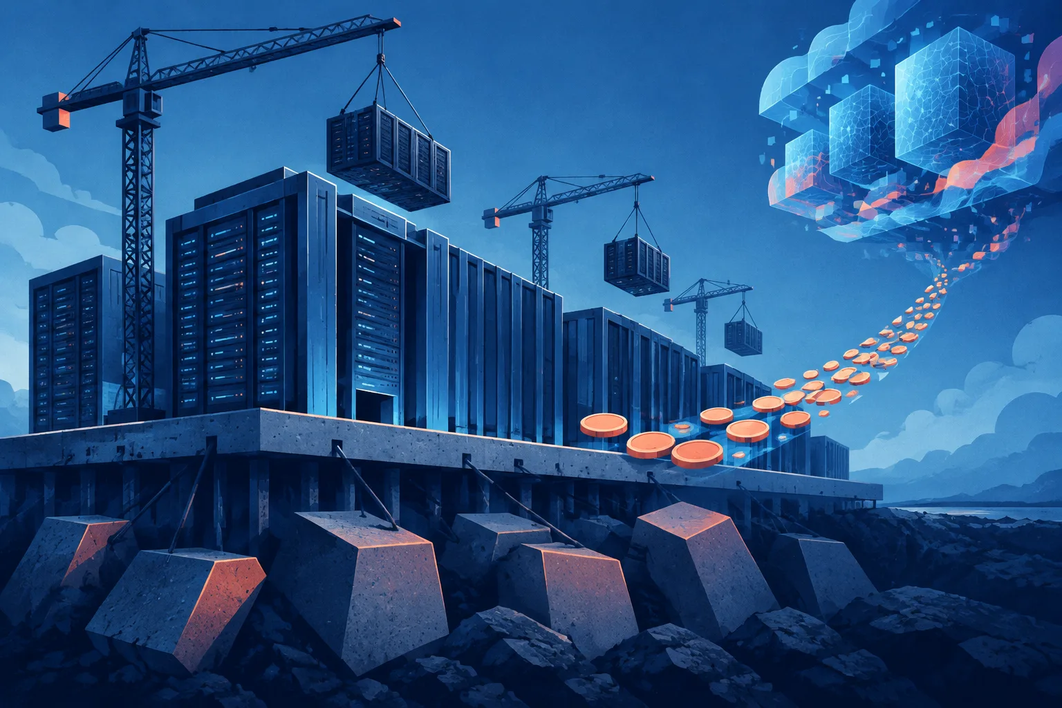 Server halls rise above a narrowing revenue stream and heavy geometric debt blocks.