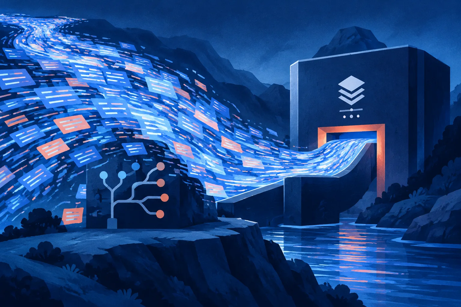 A flood of AI-generated code moves from a strained repository into a centralized source-control system.