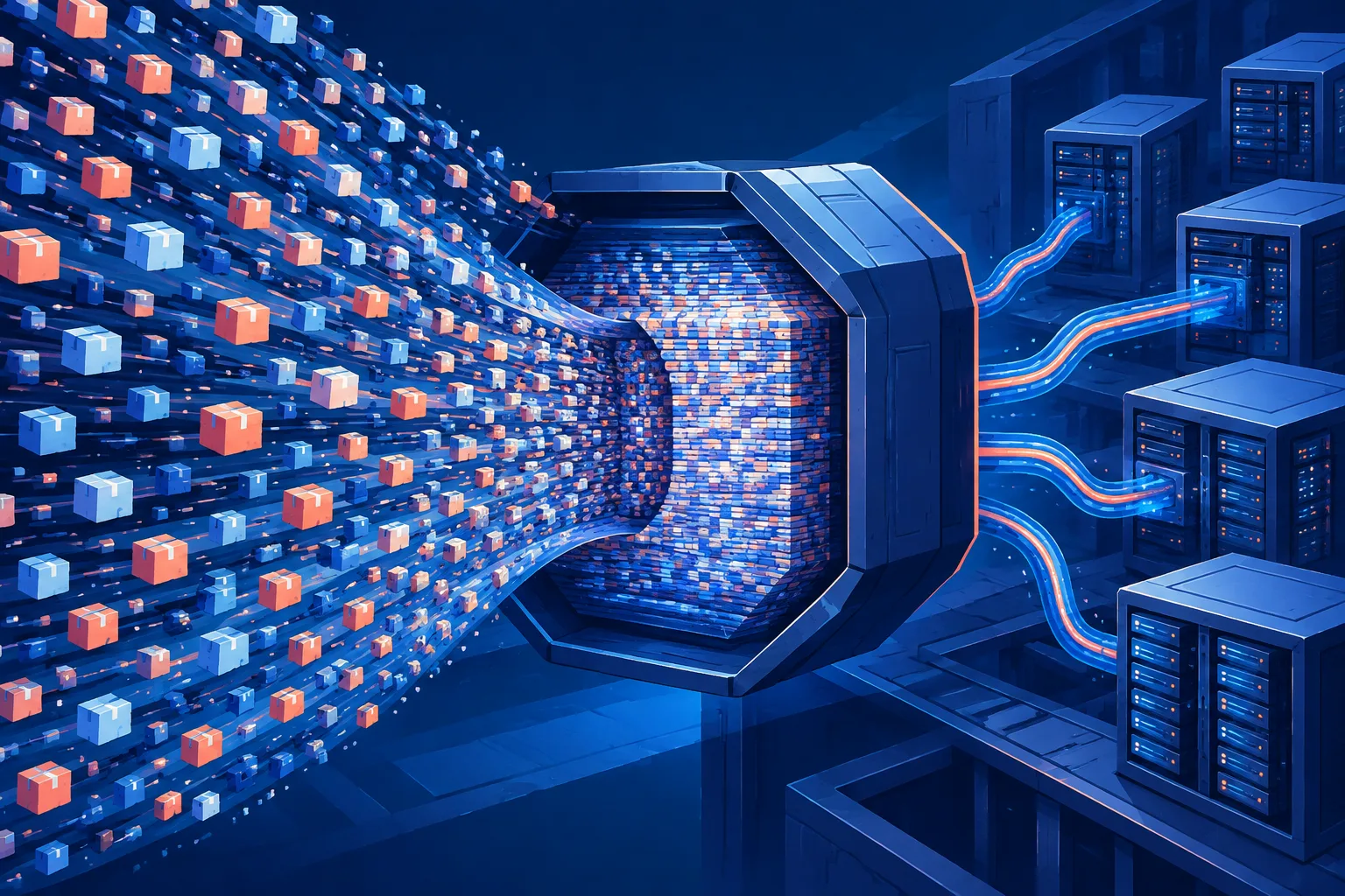 Massive streams of code checkouts converge on a central server-backed repository.