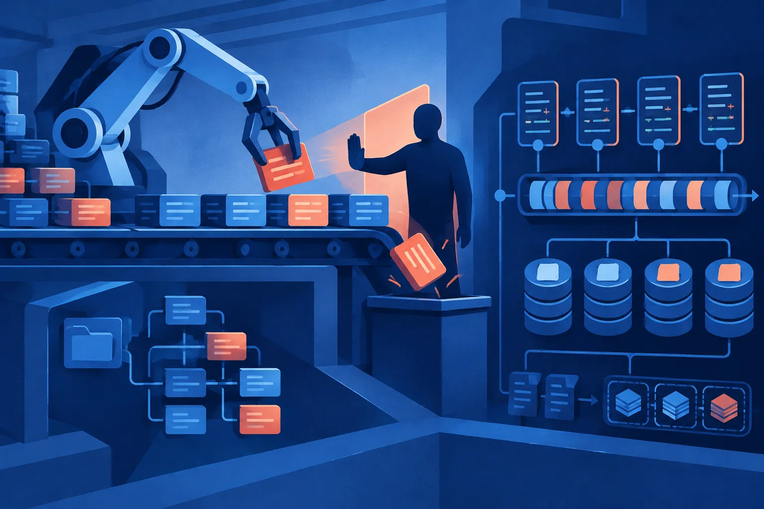 An AI builds software quickly while a human checkpoint blocks changes that violate system constraints.