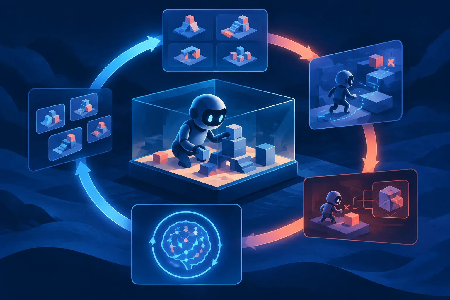 An AI agent cycles through task creation, training, and failure diagnosis.