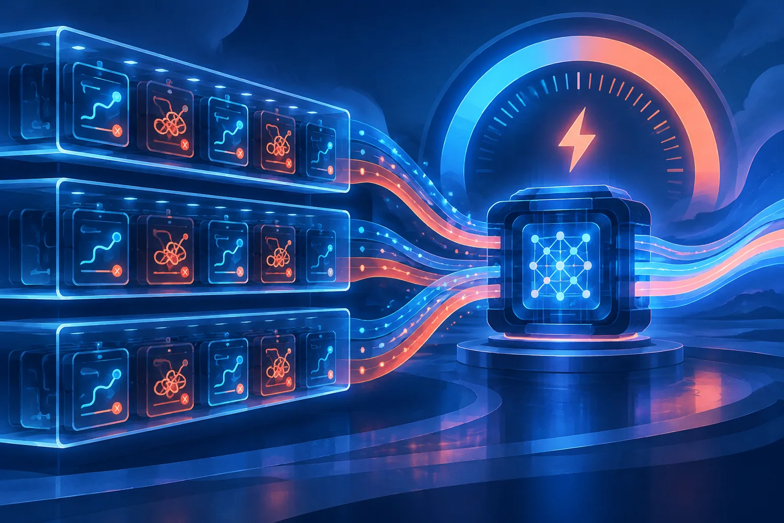 Parallel agent rollouts feed training signals into a smaller AI model.
