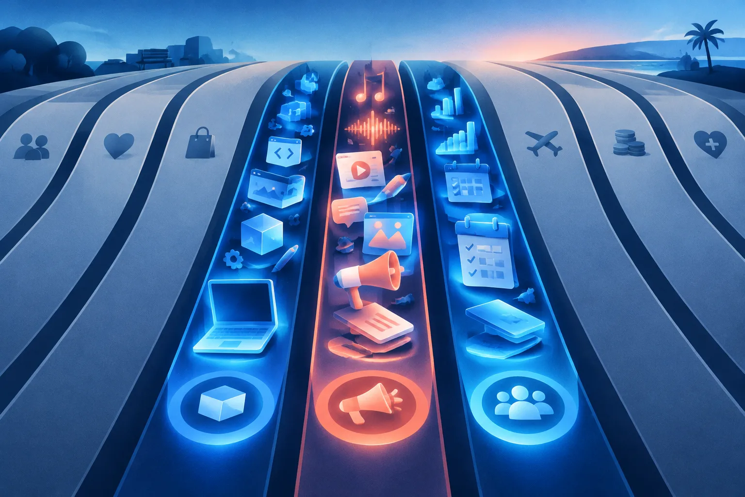 Three busy lanes of professional AI tools sit beside empty consumer lifestyle lanes.