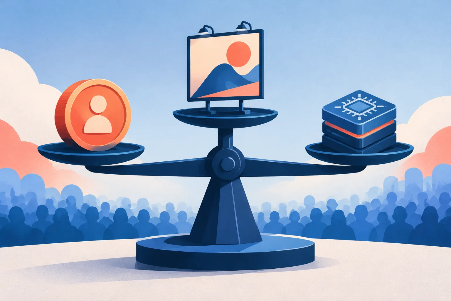 A three-sided scale balances subscriptions, advertising and cheaper AI models.