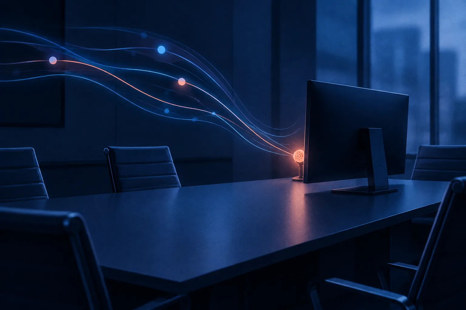 Abstract executive conference room with a concealed audio sensor and AI light trails.