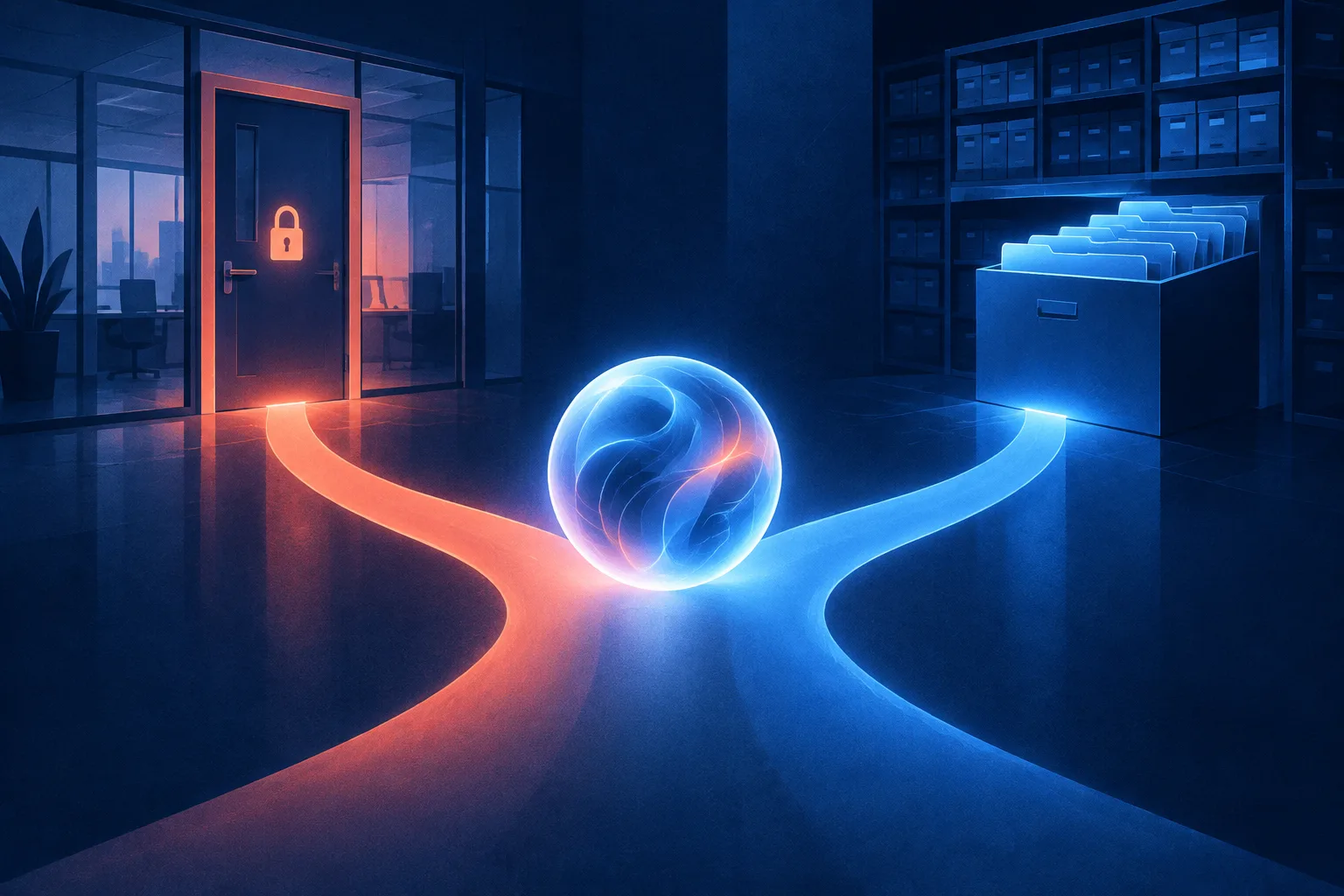Abstract AI orb linked to both a locked office and an evidence archive.