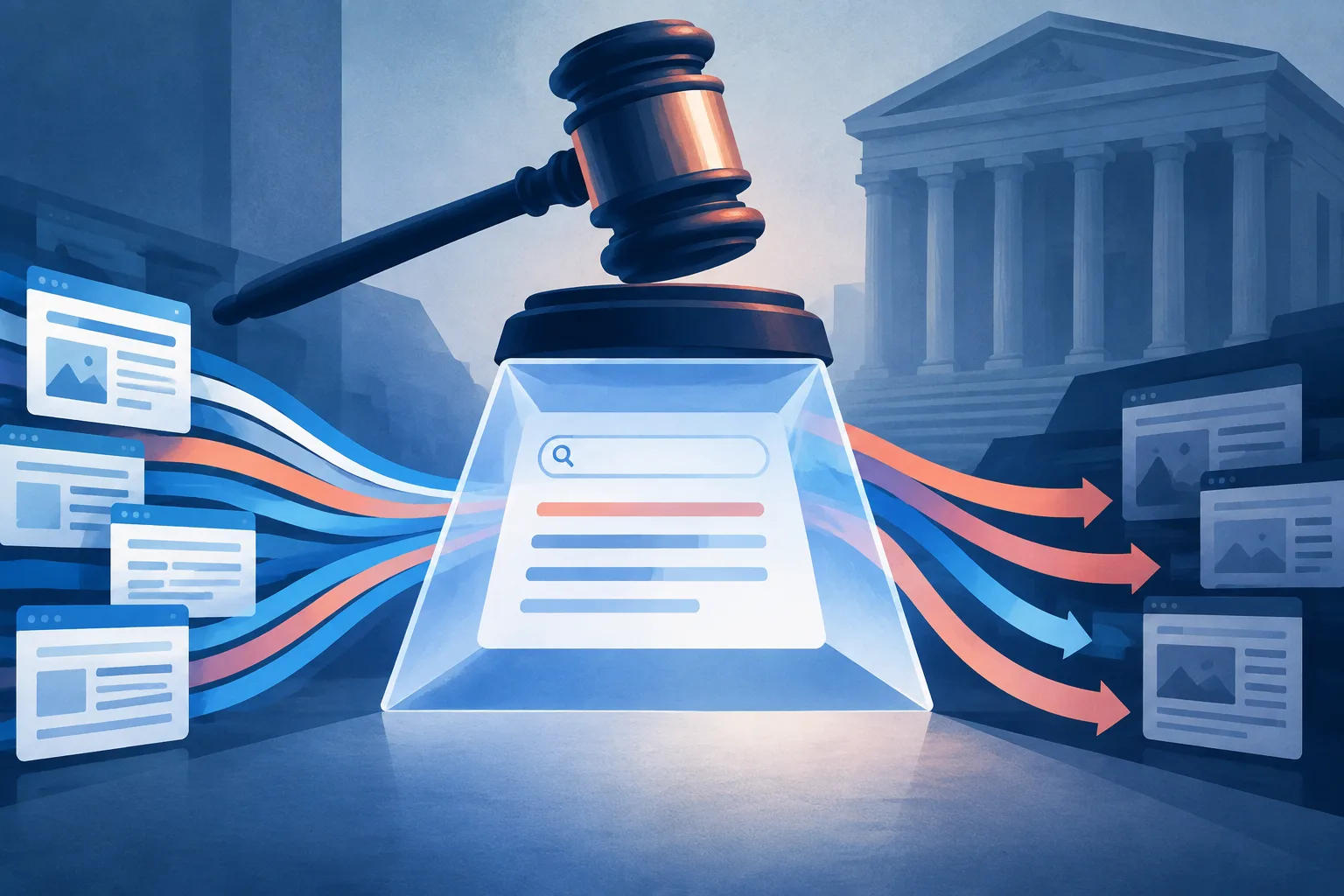 Court gavel above an AI search prism redirecting traffic from publisher pages.