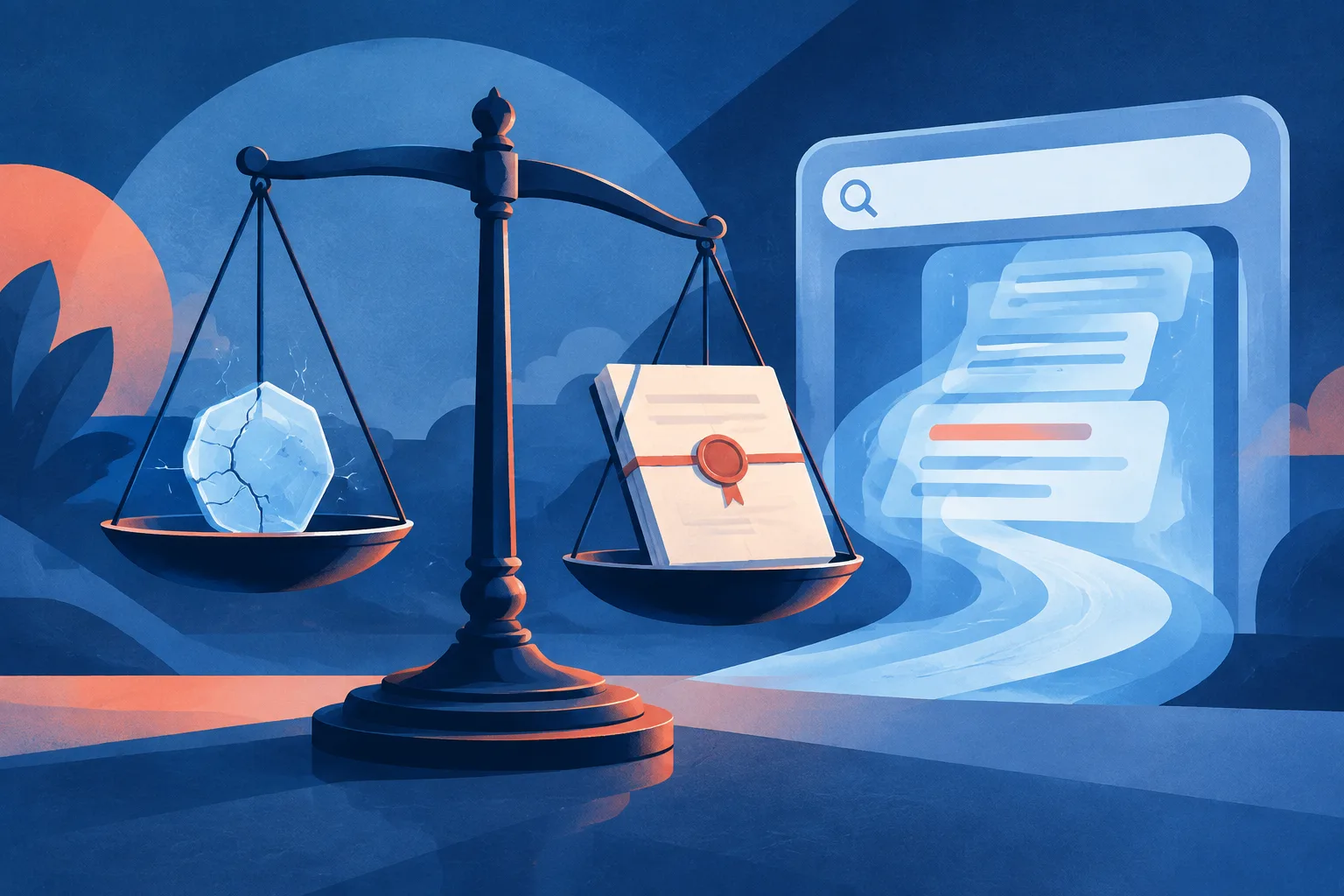 Legal scale contrasts an expectation token with a formal agreement document.
